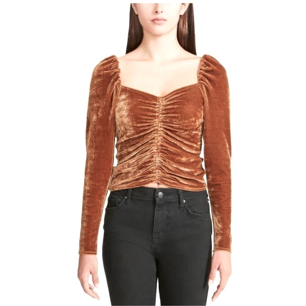 NWT BB DAKOTA STEVE MADDEN Ruched Stretch Velvet Long Sleeve Blouse Bronze Small